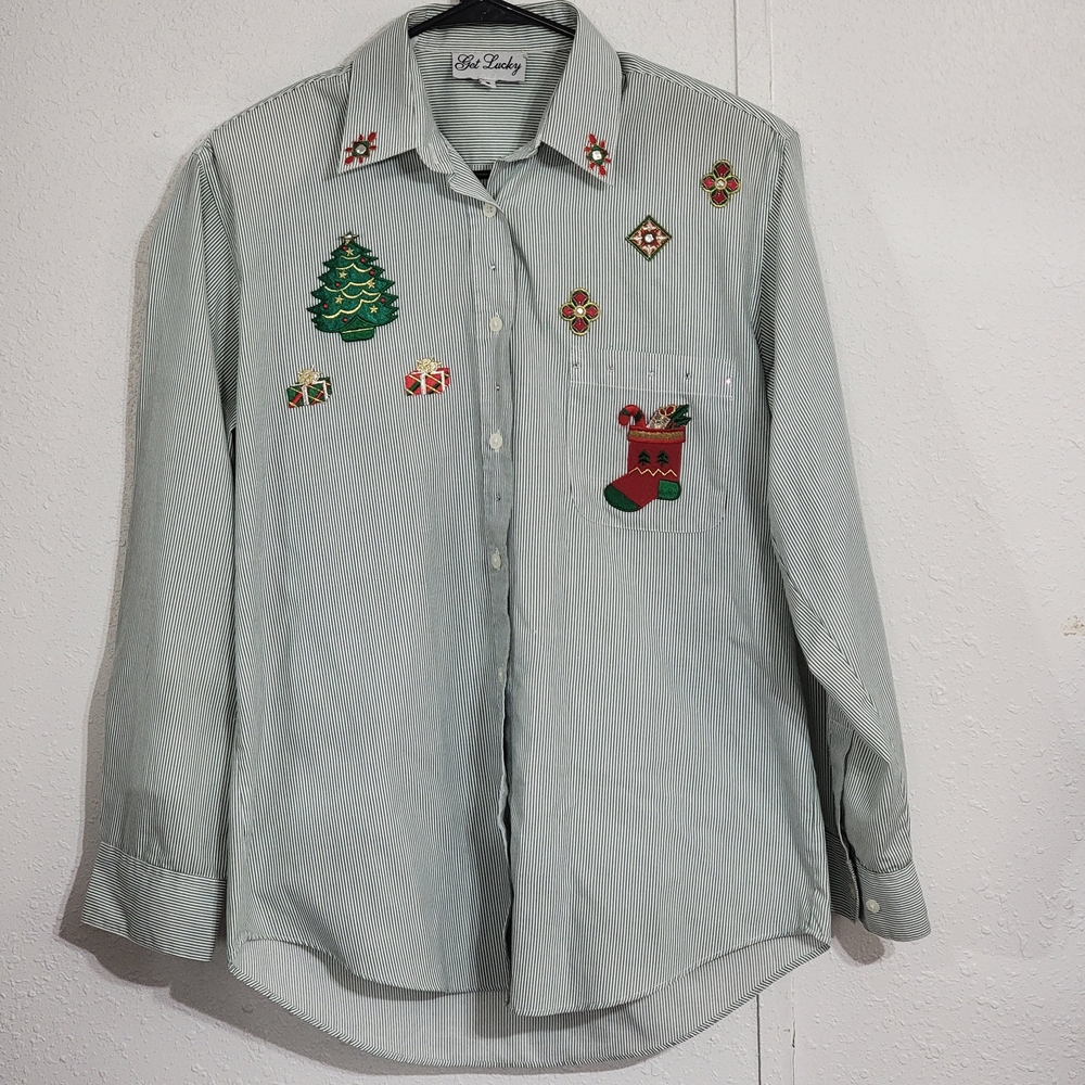 Vintage Get Lucky Christmas Shirt 90s Striped Button Dwn Embroidered Holiday Top